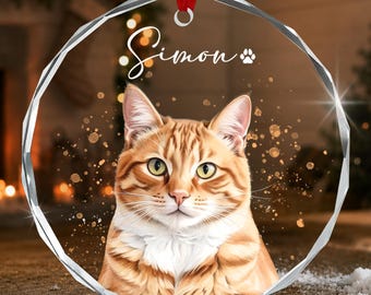 Personalized Pet Christmas Photo Ornament, Custom Cat Watercolor Portrait Ornament
