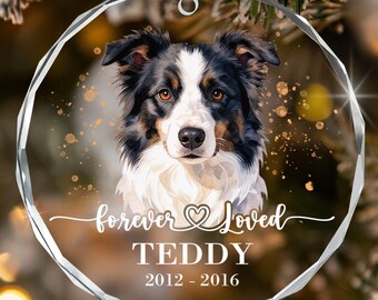 Personalized Dog Christmas Memorial Photo Ornament, Forever Loved Circle Glass Keepsake