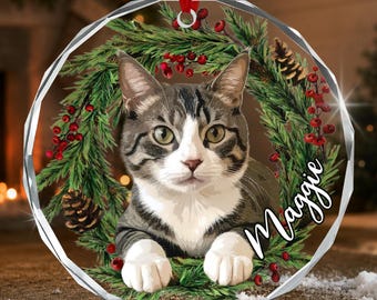 Custom Cat Photo Christmas Ornament, Custom Pet Portrait with Christmas Wreath Ornament
