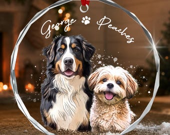 Custom Pet Portrait From Photos Ornament, Multi Pet Watercolor Photo Circle Glass Keepsake