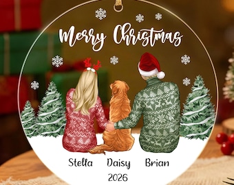 Personalized Couple with Dog Christmas Ornament, Custom Names, Year, Acrylic Keepsake