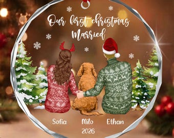 Our First Christmas Married Ornament, Personalized Couple with Dog Circle Glass, Newlywed Keepsake