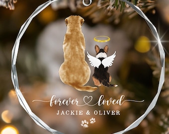 Personalized Dog Christmas Memorial Ornament, Forever Loved With Angel Wings And Halo Circle Glass