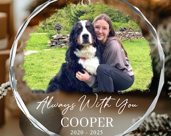 Personalized Dog Christmas Memorial Photo Ornament, Always With You Circle Glass Keepsake