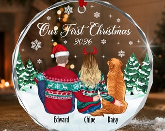 Personalized Couple with Dog Ornament, Our First Christmas Circle Glass, Together Keepsake