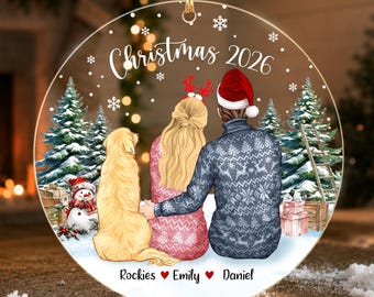 Personalized Couple with Dog Ornament, Christmas Together Circle Acrylic Keepsake