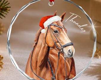 Personalized Horse Christmas Ornament, Watercolor Portrait From Photo With Santa Hat, Custom Name Circle Glass