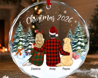 Personalized Couple with Dog Ornament, Christmas Together Keepsake, Circle Glass