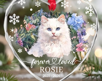 Personalized Cat Memorial Photo Ornament, Watercolor Portrait With Forever Loved Heart Glass Keepsake