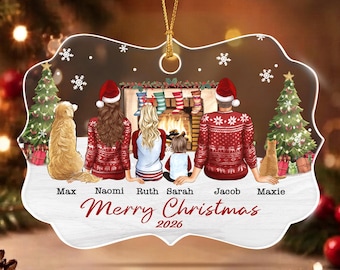 Personalized Family With Pet Ornament, Family Christmas Fireplace Keepsake