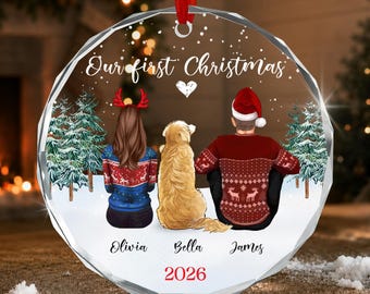 Personalized Couple with Dog Ornament, First Xmas Together Circle Glass Keepsake