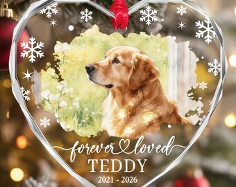 Personalized Dog Memorial Photo Ornament, Golden Retriever Portrait With Forever Loved Heart Glass