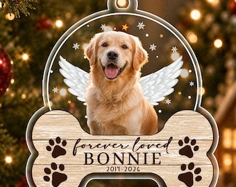 Dog Christmas Memorial Photo Ornament, Forever Loved With Angel Wings Custom Shape Acrylic