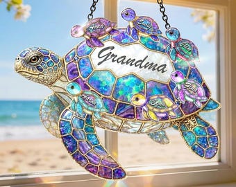 Personalized Mothers Day Gifts for Grandma, Sea Turtle Acrylic Suncatcher, Gift for Mom with Kids Name