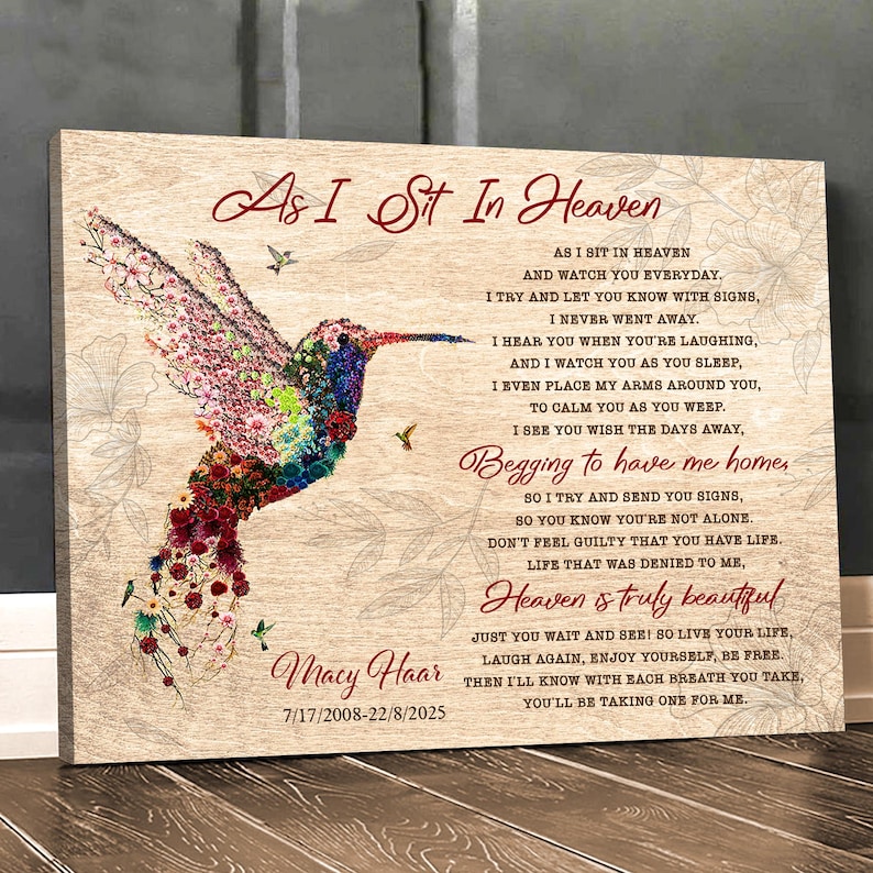Personalized Hummingbird Memorial Canvas, Loss of Mom Remembrance Gift image 1