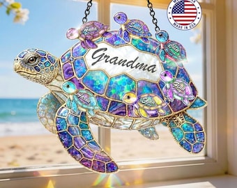 Personalized Mothers Day Gifts for Grandma, Sea Turtle Acrylic Suncatcher, Gift for Mom with Kids Name