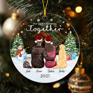 Personalized Couple With Dog Ornament 2025, Our First Christmas Together Couple, Family Couple and Pet Ornament, Christmas Couple Ornament