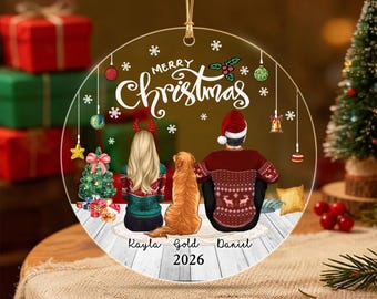 Personalized Couple with Dog Christmas Ornament, Custom Names & Year Keepsake