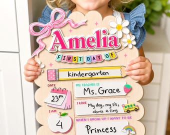 Personalized First Day of School Sign, Reusable Wooden Dry Erase Board (Kindergarten)