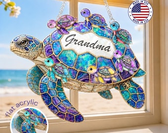 Personalized Mothers Day Gifts for Grandma, Sea Turtle Flat Acrylic Window Hanger, Gift for Mom with Kids Name