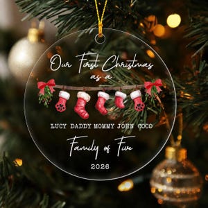 Personalized First Christmas As A Family Of Five Ornament, Name Stockings Circle Acrylic Keepsake