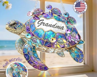 Personalized Mothers Day Gifts for Grandma, Sea Turtle Acrylic Window Hanger, Gift for Mom with Kids Name