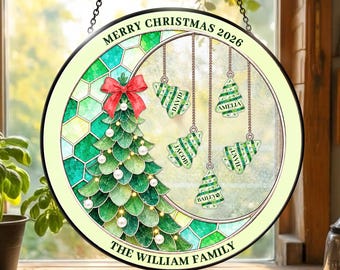 Personalized Family Christmas Name Suncatcher, Custom Tree Cake Window Hanging Stained Glass