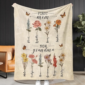 First Mom, Now Grandma Garden Blanket, Mom Grandma&#39;s Garden Blanket, Custom Birth Month Flower Gift For Mom, Mother&#39;s Day Gift 2025