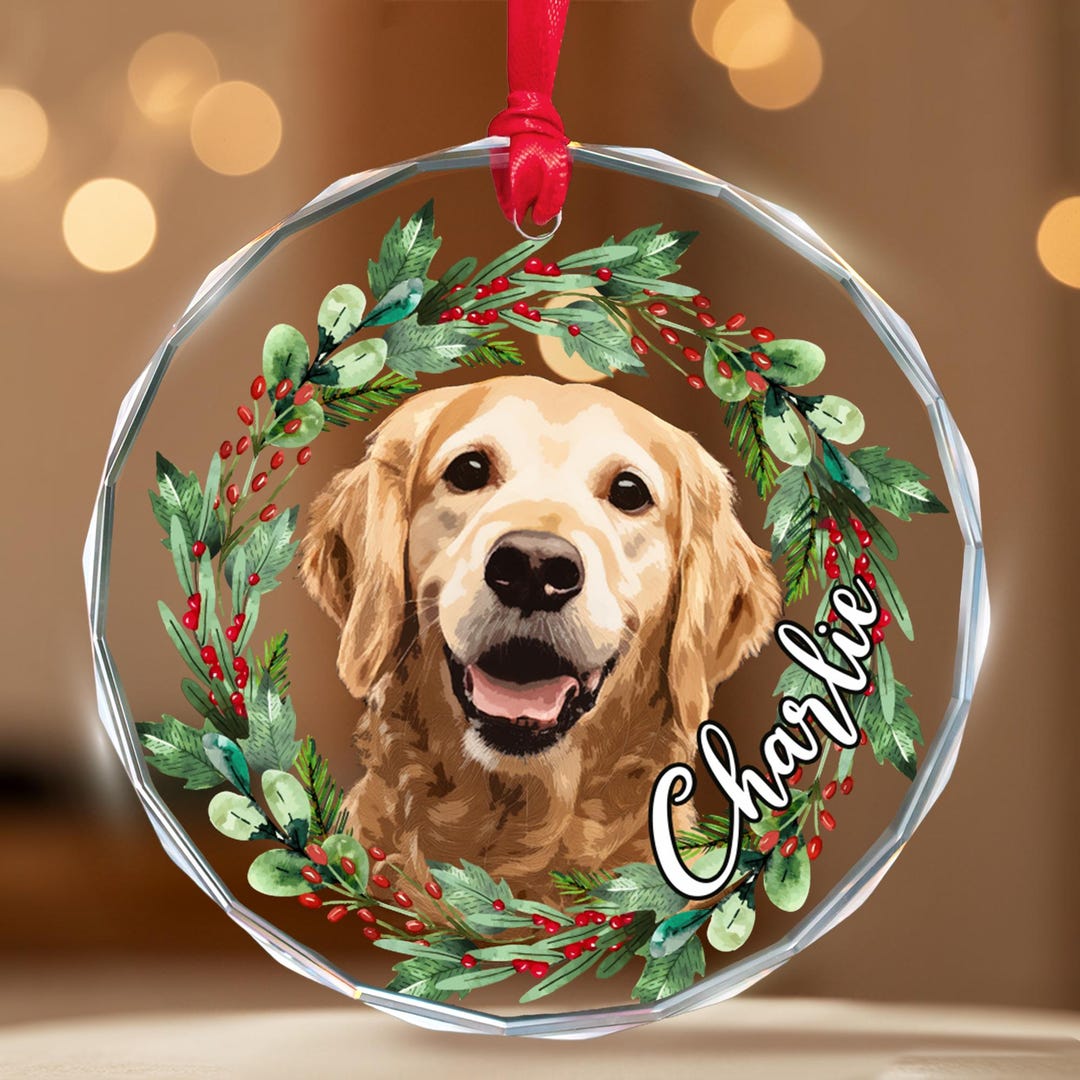 Custom Dog Photo Christmas Ornament 2025, Circle Glass Ornament, Golden ...