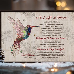 Personalized Hummingbird As I Sit In Heaven Memorial Gifts, Custom Remembrance Gifts, Bereavement Poem Wall Art
