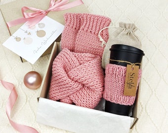 Set für Frauen: Handgestricktes Stirnband, Stulpen, Mütze, Geburtstagsgeschenk, Geschenk für Freundin, Mama,  für deinen Lieblingsmenschen