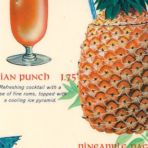 K&ouml;nnte beinhalten: Eine Vintage-Illustration eines Tahitian Punch Cocktails, ein erfrischendes Getr&auml;nk aus feinen Rumsorten, gekr&ouml;nt mit einer k&uuml;hlen Eispyramide. Das Getr&auml;nk wird in einem hohen Glas mit Stiel serviert. Die Illustration zeigt auch eine Ananas, eine beliebte Frucht, die in tropischen Cocktails verwendet wird.