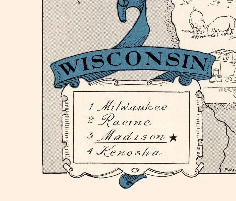 Vintage Wisconsin Map, Milwaukee Map, Cheese State, Racine Map ...