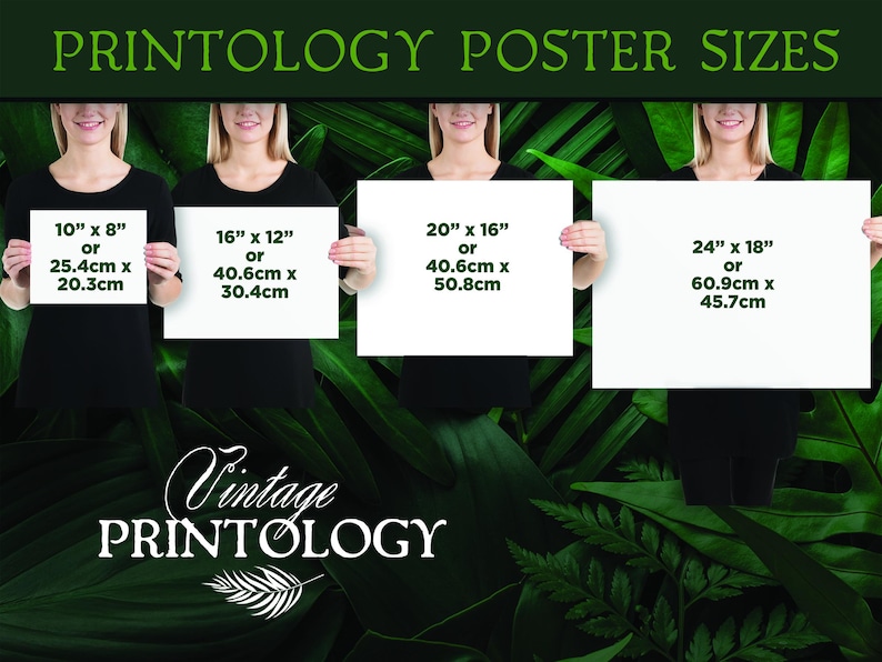 May include: Four white posters with black text showing different poster sizes in inches and centimeters. The posters are held by four people in front of a green leafy background. The text at the bottom of the image reads "Vintage Printology".
