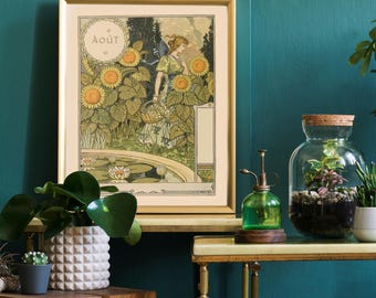 Arte mural Art Nouveau, Calendario de agosto de Eugene Grasset, Calendario floral, Belle Jardinere, Decoración de pared del mes de nacimiento de agosto, Cumpleaños de Leo