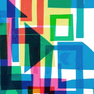 May include: Abstract art print featuring overlapping geometric shapes in various colors, including blue, green, yellow, red, and pink. The shapes are layered to create a sense of depth and dimension.
