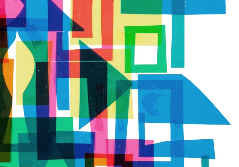 May include: Abstract art print featuring overlapping geometric shapes in various colors, including blue, green, yellow, red, and pink. The shapes are layered to create a sense of depth and dimension.