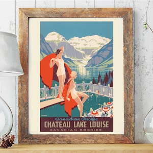 Vintage Lake Louise Poster, Swimming Pool, Art Deco Travel Print, Banff National Park by Alfred Crocker Leighton in 1938, Canadian Tourism