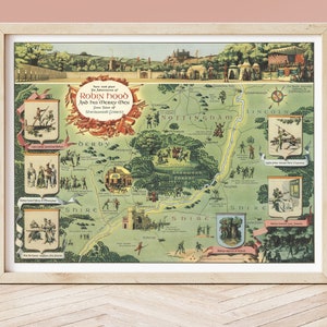 Vintage Robin Hood Poster, Tales of Sherwood Forest, circa 1955, Kinderzimmer Kunst, illustrierte bildliche Fantasy-Karte fiktives England