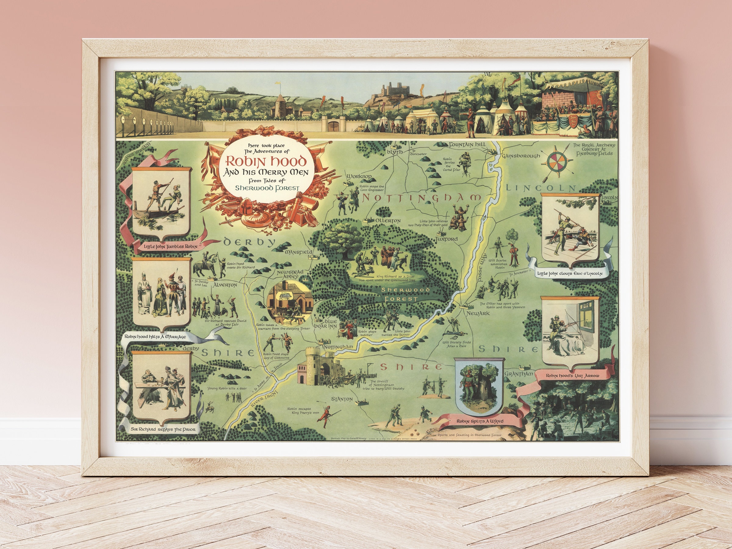 Vintage Robin Hood Poster, Tales of Sherwood Forest, circa 1955, Nursery Art, illustrated pictoral fantasy map fictional England