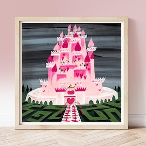 Vintage Mary Blair Druck, Queen of Hearts Castle aus Alice im Wunderland circa 1950s, illustrierte Konzeptkunst, fürs Kinderzimmer