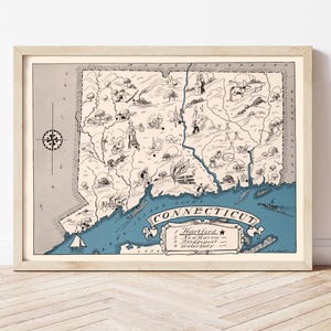 Puede incluir: Un mapa ilustrado vintage de Connecticut con un borde azul y una lista de ciudades que incluyen Hartford, New Haven, Bridgeport y Waterbury.