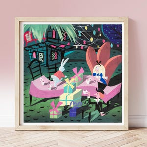 Lámina vintage de Mary Blair, Fiesta del té del Sombrerero Loco de Alicia en el país de las maravillas, circa 1950, arte infantil, arte conceptual ilustrado
