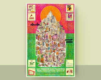 Vintage Gay Freedom Map of San Francisco circa 1980s, illustrated map and list of businesses that supported the gay community, LGBTQ society