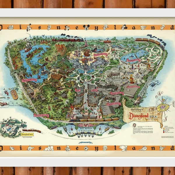 Vintage Disneyland Map circa 1958, illustrated tourist map of the Magic Kingdom, Anaheim California, Drawn by Sam McKim, Mid Century Map