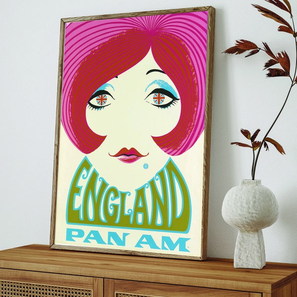 reproduction d’affiche vintage Pan Am Mod Girl, affiche de voyage en Angleterre, art mural du milieu du siècle vers les années 1960, affiche pop art du milieu du siècle