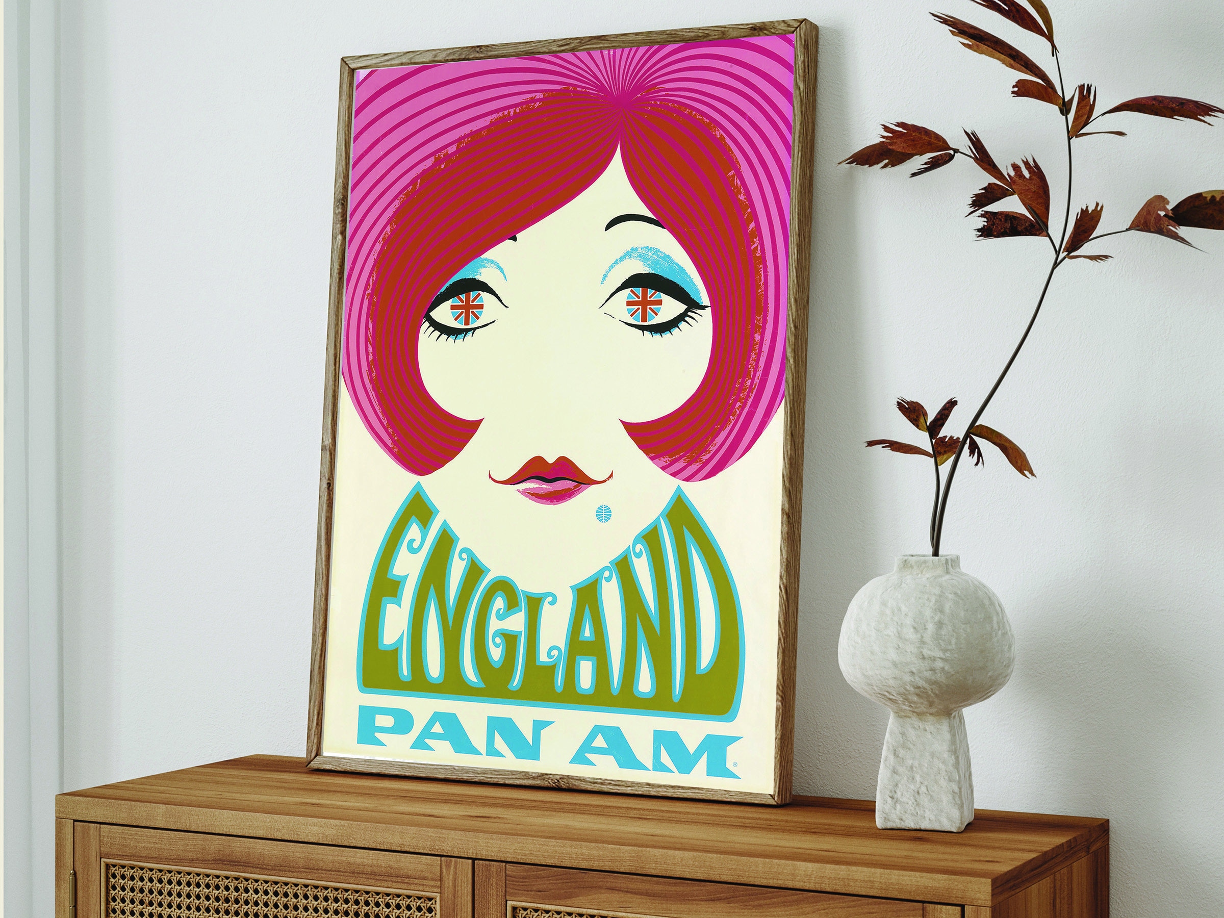 Vintage Pan Am Mod Girl Poster Reproduction, England Travel Poster