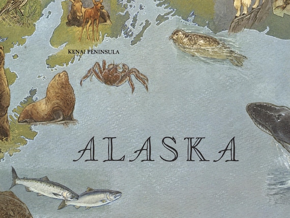 ヴィンテージ アラスカ絵地図ポスター、1967 年頃、ウィリアム D