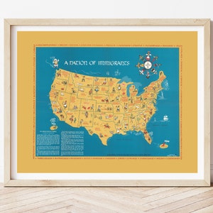 Mapa vintage de 'Una nación de inmigrantes' alrededor de 1959, para el folleto de John F. Kennedy, mapa de inmigración de EE. UU. de Daniela Passal