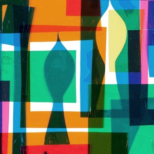 May include: Abstract art print featuring overlapping geometric shapes in various colors, including green, blue, orange, red, and yellow. The shapes are layered to create a sense of depth and dimension.